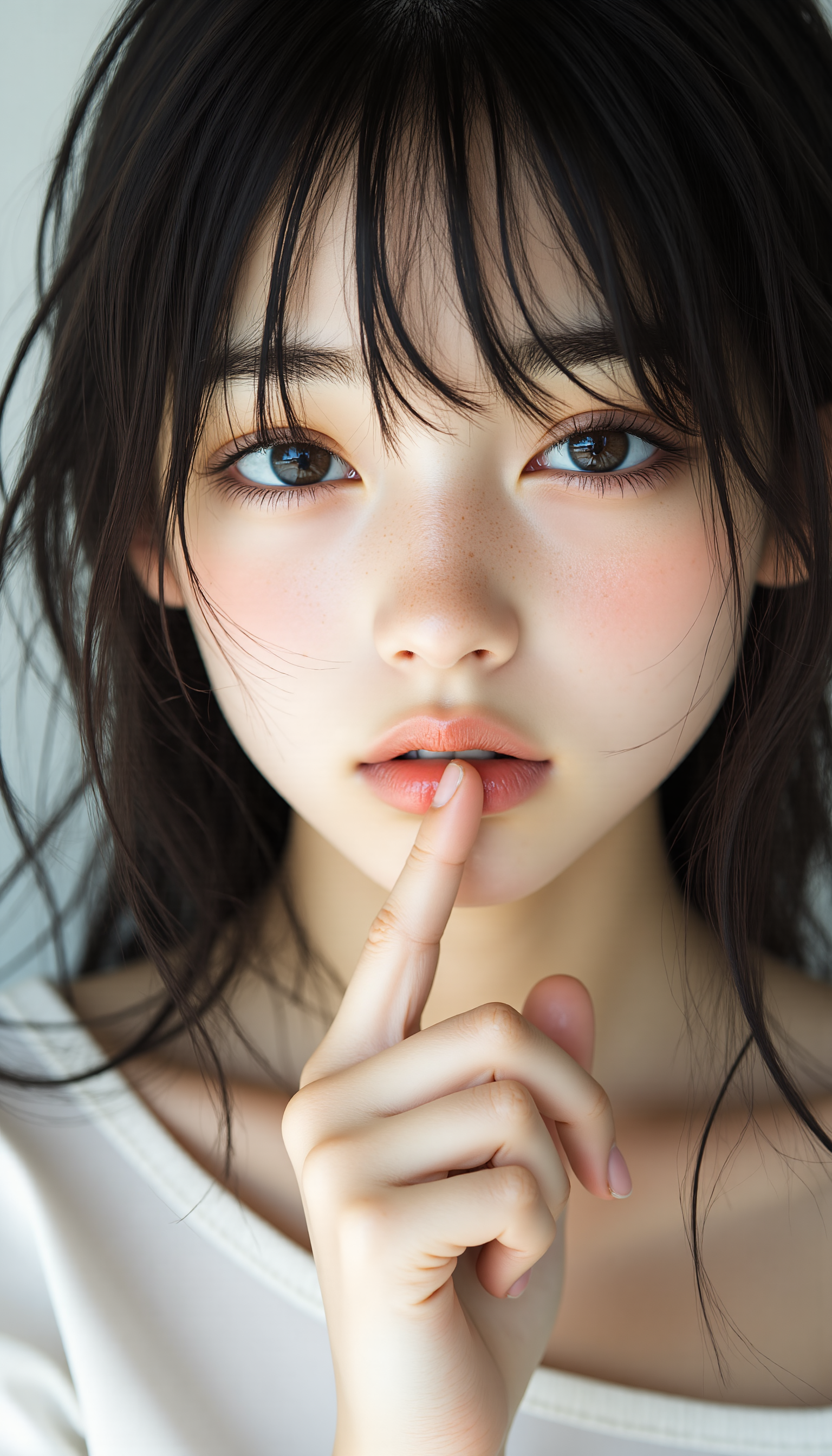 A beautiful teenage Japanese girl with flawless, model-like facial features, holding her index finger to her lips in a "shh" gesture. Her large, captivating eyes are focused and calm, conveying both innocence and strength. The natural lighting highlights her smooth skin and soft, glossy hair. Her expression is gentle yet commanding, as if quietly asking for silence. She wears a simple, elegant outfit, and the background is minimal, keeping all attention on her serene gesture and striking beauty., midjourney_whisper_innocent_eyes, <lora:midjourney_whisper_innocent_eyes_v01:1>,