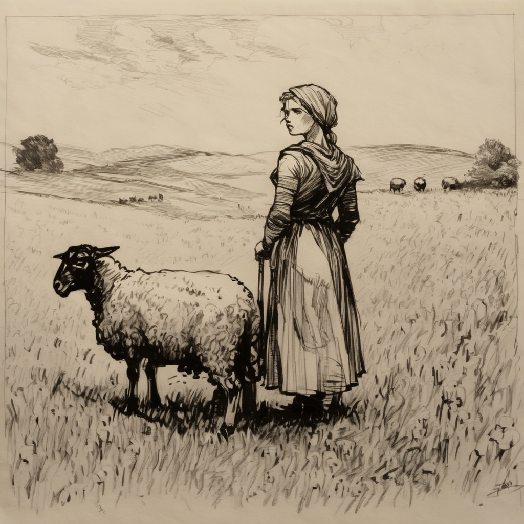 drawix17 shepherd girl in a field with a sheep, black ink<lora:drawix17:1>
