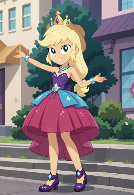 score_9, score_8_up, score_7_up, score_6_up, from My Little Pony Equestria Girls, a very young little human girl Applejack wearing a fit blue|sky|green|brown|darkpurple|red|yellow gradients colors short princess dress, elegant detailed princess shoes, solo, 1girl, little princess girl, gradient golden blond hair with crown hairband, smile, childhood, looking at viewer, glow detailed eyes, garden of canterlot, tul, chiffon, laces, semi realistic cartoon, unreal engine 5,  full body close-up, absurdres, digital art, soft light, perfect hands, perfect, hands, perfection, soft orange skin, green eyes, apples accesories and shoes, jewelery, tres chic,<lora:age_slider_v4:-4>,