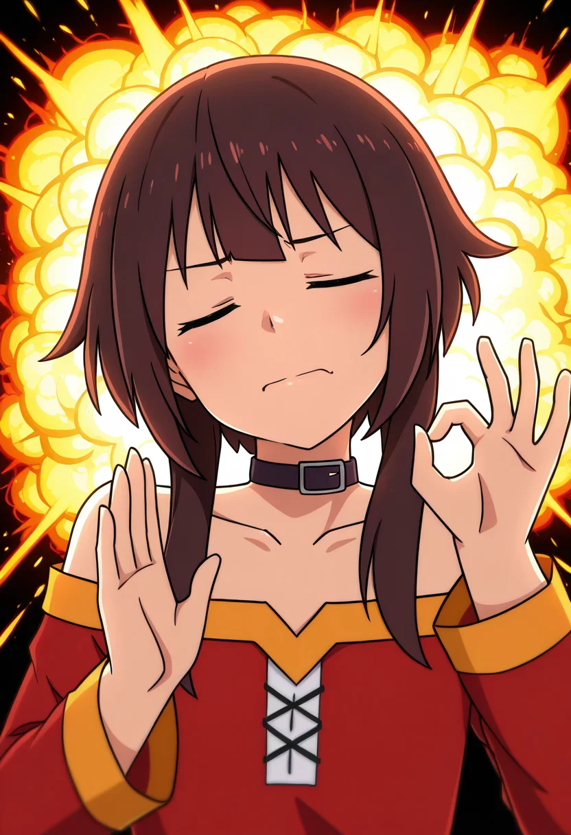 masterpiece, high quality, p4ch4, hands up, ok sign, closed eyes, closed mouth, facing to the side, 1girl, solo, megumin, upper body, head tilt, explosions,