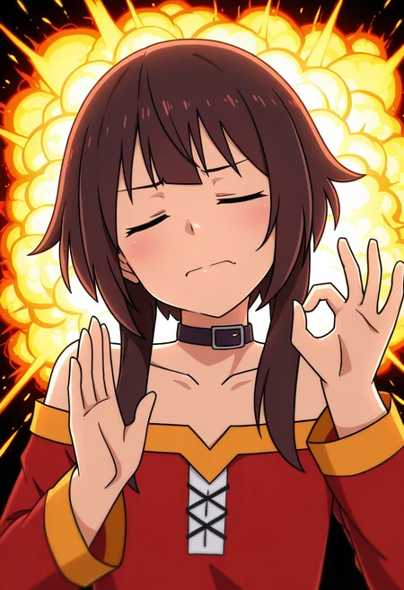 masterpiece, high quality, p4ch4, hands up, ok sign, closed eyes, closed mouth, facing to the side, 1girl, solo, megumin, upper body, head tilt, explosions,