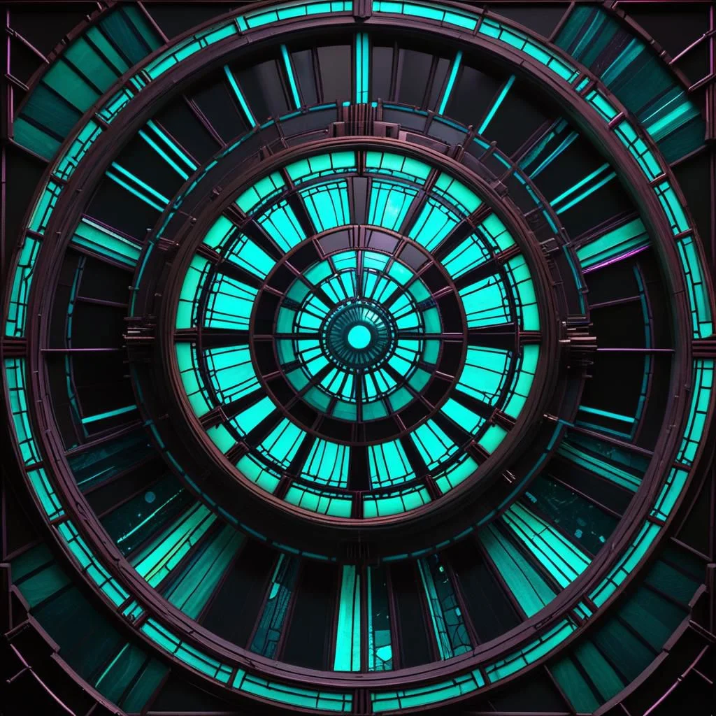 deathstar, clockwork, steampunk, stained glass, fiber optic, teal neon, troncore, radial, dark futuristic, dark space background