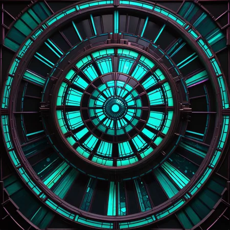 deathstar, clockwork, steampunk, stained glass, fiber optic, teal neon, troncore, radial, dark futuristic, dark space background