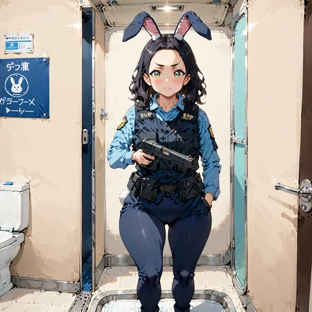 score_9, score_8_up, score_7_up, score_6_up, source_anime, ah1, 1girl, (curly hair), long hair, (black hair), mature female, (parted hair:1.7), (round face), (no_bangs), (no_fringe:1.6), looking at viewer, (thick eyebrows:1.3), (curvy), round-chin, (greenish hazel eyes), caucasian, (downturned eyes), (forehead:1.4), <lora:ETO_OCPonyXL:0.5> eto_oc, skindentation, plump, thick thighs, wide hips, busty, voluptuous, kinky curls, lips, bad-hands-5, (in Airplane Bathroom, Functional area with a toilet, grab bars for stability, compact trash receptacle, a small ventilation fan on the ceiling), ((Glum, A sullen face that radiates unhappiness expression)), <lora:venus body PonyXL:0.8>, <lora:xl_more_art-full_v1:0.4>, <lora:shinyskin2:0.3> glistening skin, <lora:aesthetic_anime_v1s:0.4>, <lora:Expressive_H:0.4> Expressiveh, <lora:hairdetailpxl:0.4> hairdetailpxl, <lora:EpicF4nta5yXL:0.4>, <lora:detailxl:0.4> detailxl, <lora:Fant5yP0ny:0.4>, best quality, amazing quality, best aesthetic, absurdres, <lora:expressive eyes:0.4> expressive eyes, (Rule of Thirds shot), <lora:eyedetailpxl:0.4> eyedetailpxl, <lora:A004-judy-v30:0.8> 1gjudy, police uniform, bulletproof vest, blue leggings, ((rabbit ears, rabbit tail)), <lora:YusufDikecGunPose_pdxl_Incrs_v1:0.8> holding weapon, holding gun, handgun, hand in pocket, aiming, full body