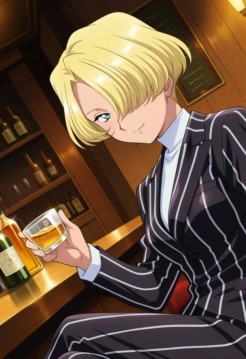 bar, indoor, pub, holding a cup of alcohol, looking sideways, light smile, sitting,
cowboy, dynamic angle,
BREAK,
<lora:tachibanamaria_illustriousXL_v01:0.9>
mariadef, blonde hair, hair over eye, short hair,
suit, turtleneck, white turtle neck, stripped suit, black suit, pinstripe suit,, source_anime, very aesthetic, anime coloring, masterpiece,
best quality, amazing quality, ultra detailed, very aesthetic,
detailed background,
BREAK,