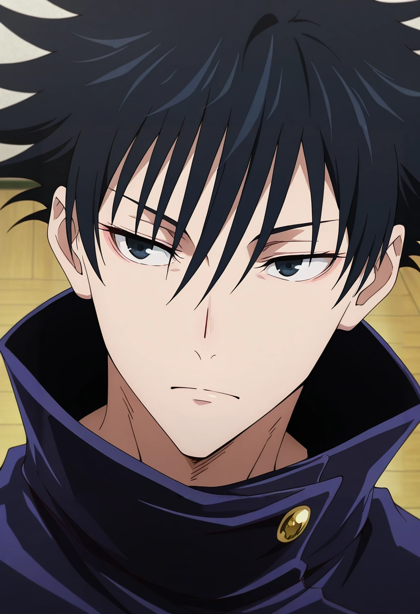 masterpiece, best quality, intricate details, anime screencap, anime coloring, , , 1boy, solo, male focus, <lora:megumi_fushiguro_ilxl:0.98>, megumi_fushiguro, black hair, black eyes, spiked hair, short hair, bangs, hair between eyes, jacket, high collar, ,