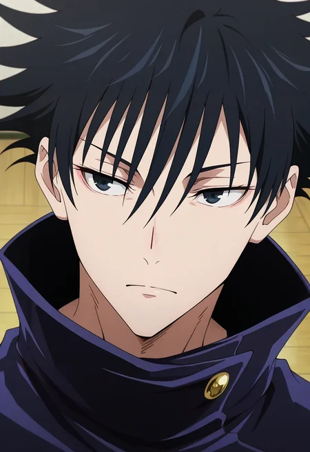 masterpiece, best quality, intricate details, anime screencap, anime coloring, , , 1boy, solo, male focus, <lora:megumi_fushiguro_ilxl:0.98>, megumi_fushiguro, black hair, black eyes, spiked hair, short hair, bangs, hair between eyes, jacket, high collar, ,