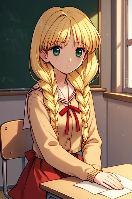 score_9, score_8_up, score_7_up, score_6_up, rating_safe, source_anime, best quality, masterpiece, detailed background, detailed eyes, 2.5d, classroom desk, sitting, looking away, resting head on hand, cowboy shot, <lora:satomura-akane-xl-05:1.2>, satomura akane, medium breasts, blonde hair, green eyes, school uniform, red skirt, black socks,