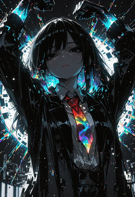 masterpiece, detailed_eyes, high_quality, best_quality, highres, absurdres, 8k, subject_focus, depth_of_field, 
1girl, solo, close-up, long black hair with subtle cosmic shimmer, black eyes with deep void-like glow, red necktie, collared shirt, black long coat with slight cosmic patterns, gloves, black pants, neutral expression, bright ethereal background, soft ambient glow, fighting pose, fists up, dreamy light rays, cinematic lighting, high dynamic range, glowing highlights, surreal luminous aura, rich cinematic depth, soft volumetric light, subtle light particles floating, contrast between dark outfit and luminous surroundings.,dispersion_effect, HDR_effect, spectra_effect, rainbow_prism, colored_highlights, sketch, glitch, cinematic angle, low angle
 <lora:748cmSDXL:0.5> <lora:ma1ma1helmes_b:0.5>  <lora:re4lity:1>  <lora:ponyv6_noobV1_2_adamW:0.9>