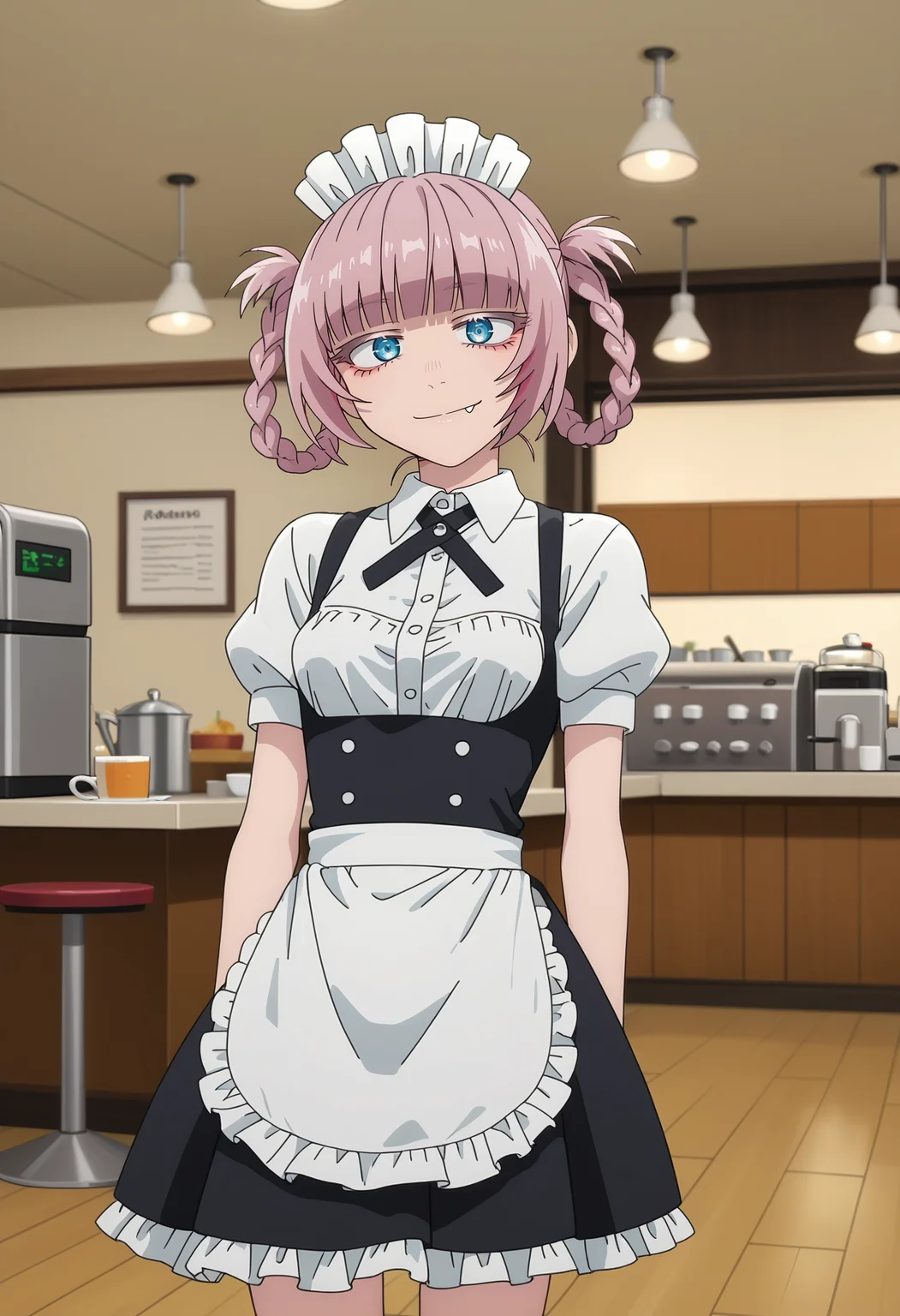 score_7_up, anime screencap,
<lora:YofukashiNoUta_NanakusaNazunaXL:0.8>, NanakusaNazuna,
1girl, solo, closed mouth, light smile,
pink hair, short hair, braid, hair rings, blue eyes, fang,
NanakusaMaid, maid dress, white shirt, ribbon, puffy short sleeves, white apron, frills
looking at viewer, thigh gap, cowboy shot,
blurry background, photo background, indoors, cafe
