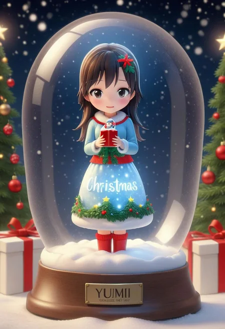 instant Christmas, high quality, 1girl,realistic lighting, in a snowglobe,great quality, photograph,full body, cute,dress, text on snowglobe, "yumi" text
