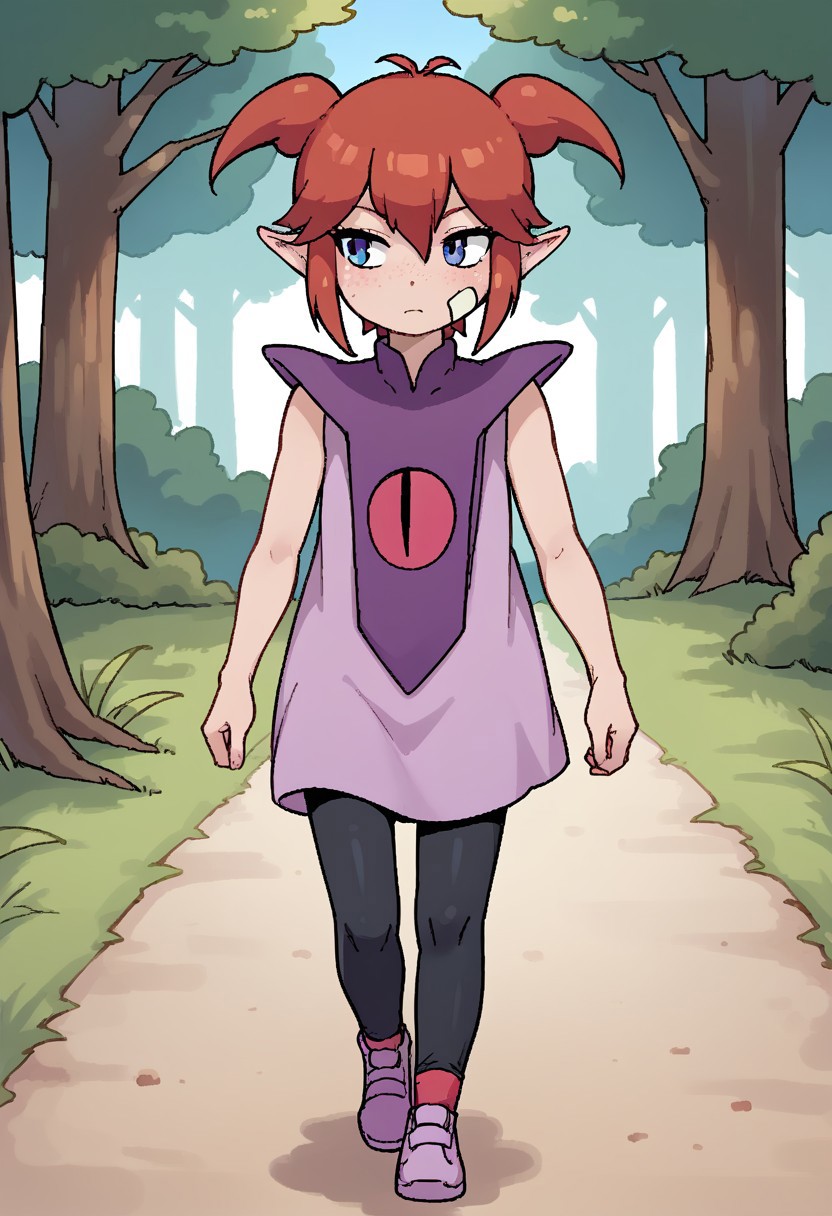 score_8, score_8_up, score_7_up, 1girl, female focus, solo, oekaki, thick outlines, DQB_DT, red hair, antenna hair, short twintails, sidelocks, pointy ears, hair between eyes, freckles, bandaid on cheek, sleeveless dress, pink dress, purple capelet, black leggings, red socks, pointy shoes, purple footwear, full body, walking, outdoors, forest, grass, tree, path
