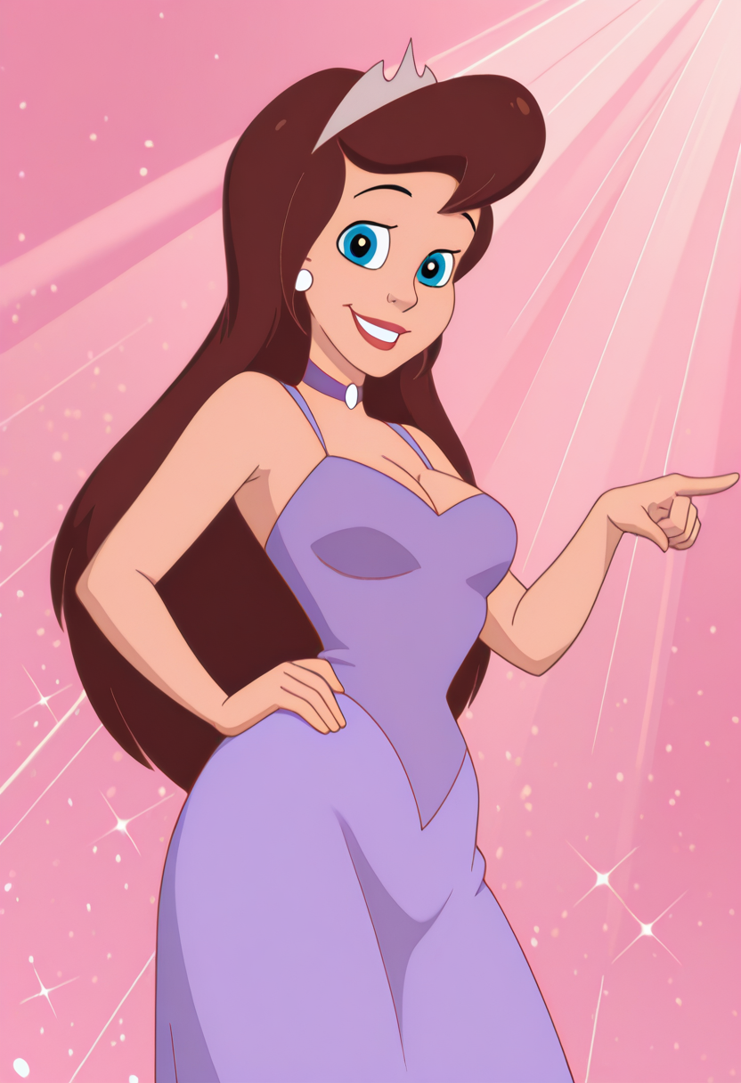 masterpiece, best quality, amazing quality, c14r4p, 1girl, brown hair, tiara, white earrings, purple choker, purple dress, pointing down, hand on hip, looking at viewer, smile, cowboy shot, pink background, (colorful sparkles background, light rays:0.9),