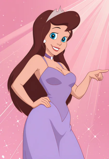 masterpiece, best quality, amazing quality, c14r4p, 1girl, brown hair, tiara, white earrings, purple choker, purple dress, pointing down, hand on hip, looking at viewer, smile, cowboy shot, pink background, (colorful sparkles background, light rays:0.9),