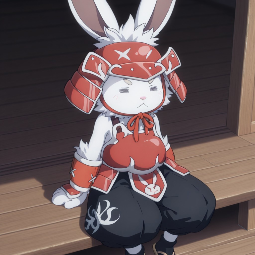 masterpiece, best quality, amazing quality, CeecrueslfIL, semi-anthro, male, rabbit, white fur, = =, red Samurai armor, red Samurai helmet, baggy black pants, white trim, black socks, tan sandals, solo, sitting in dojo