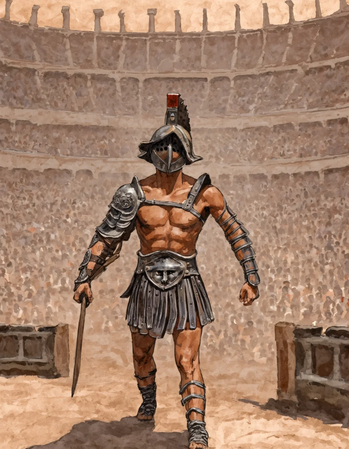 gladiator from the side, in a colosseum, rome, victrory, ,gladiator_style, illustration,exterm detailed, painting,