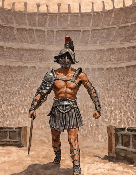 gladiator from the side, in a colosseum, rome, victrory, ,gladiator_style, illustration,exterm detailed, painting,