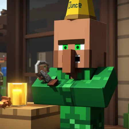 villager_mc, green robe. cone hat that reads dunce,
In the quiet corners of the Minecraft world, villagers live simple yet mysterious lives, their origins lost to ancient memory. Long before players ever arrived, these blocky folk built their scattered settlements from wood, stone, and faith in the old ways. Each villager, with their distinctive green eyes, broad noses, and solemn, blocky frames, carries on traditions passed down through countless seasons — farming, trading, and crafting the essentials of survival. They rarely speak, instead communicating through gestures and knowing looks, as if guarding ancient secrets about the world’s creation. Legends whisper that villagers were once great architects and scholars, who, after a forgotten cataclysm, chose a life of humble isolation. Their villages, cradled between mountains, forests, and plains, pulse quietly with life, protected by iron golems and bound by an unspoken pact with the land itself — to endure, to trade, and to remember.