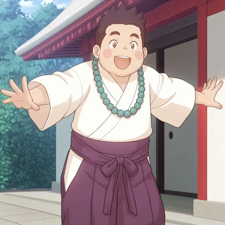 masterpiece, best quality, amazing quality, official style, ak1n0r1, male, solo, human, young, brown hair, short hair, spiked hair, brown eyes, blush stickers, chubby, white kosode, green beaded necklace, purple hakama, zori sandals, standing, happy, open mouth, arms outstretched, outdoors, japanese temple