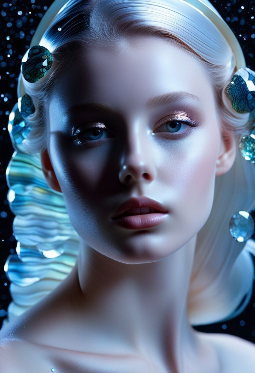 long shot, highest esthetic score, photo of a exquisitely beautiful pale skin  european 1girl, 20yo, modern implementation of sci-fi  "botichhelli The Birth of Venus" fantastic epic masterpiece, starlight falls on beautiful young face. Depth of field, insane details:1.4,  ultra detailed, absurdres, 1:280f Zeiss lens, long aperture, abalone shell, fiery opal, platinum, obsidian