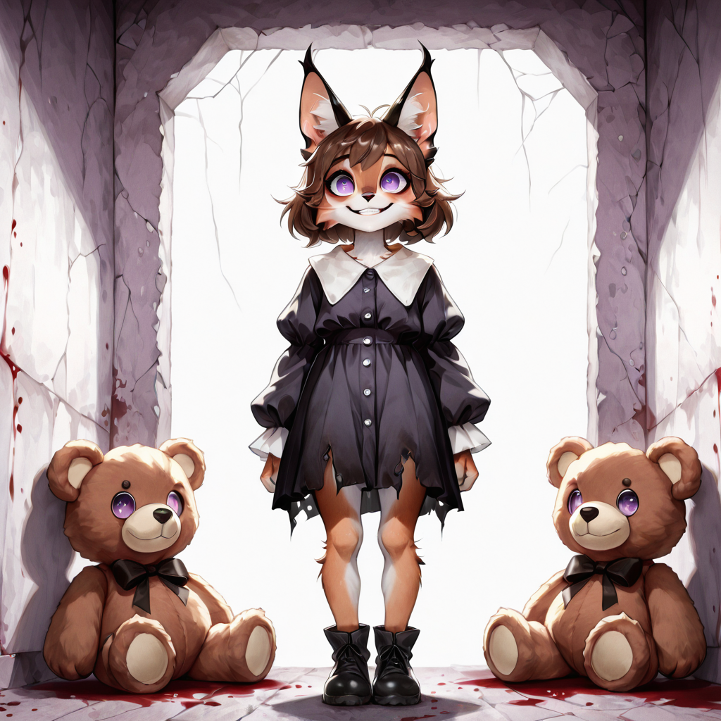 1girl, furry, anthro, feline, solo, cat girl, caracal cat, brown hair, bob cut, hair flaps, wavy hair, purple eyes, megafluffy, petite, anthro, female, full body <lora:Mega_Fluffy_IL:1> <lora:spo_sdxl_10ep_4k-data_lora_webui:0.9> <lora:illustrious_quality_modifiers_masterpieces_v1:0.9> masterpiece, best quality, very aesthetic  <lora:Unsettling_Pony:1> unsettling, dirty, grimy, 1girl, creepy eyes, vacant stare, dirty wall, facing viewer, creepy smile, teddy bear, torn clothing, bloodstains