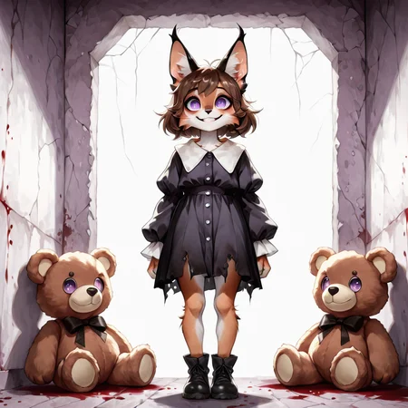 1girl, furry, anthro, feline, solo, cat girl, caracal cat, brown hair, bob cut, hair flaps, wavy hair, purple eyes, megafluffy, petite, anthro, female, full body <lora:Mega_Fluffy_IL:1> <lora:spo_sdxl_10ep_4k-data_lora_webui:0.9> <lora:illustrious_quality_modifiers_masterpieces_v1:0.9> masterpiece, best quality, very aesthetic <lora:Unsettling_Pony:1> unsettling, dirty, grimy, 1girl, creepy eyes, vacant stare, dirty wall, facing viewer, creepy smile, teddy bear, torn clothing, bloodstains