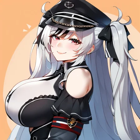 1girl, solo, portrait, close-up, from side, smug, closed eyes, abstract background, masterpiece, amazing quality, best quality, very aesthetic, absurdres, zPDXL3, by marushin, elbe \(azur lane\), elbedefault, multicolored eyes, multicolored hair, streaked hair, very long hair, twintails, two side up, black dress, frilled dress, shoulder cutout, bare shoulders, long sleeves, frilled skirt, black gloves, peaked cap, black headwear, strap between breasts, hair ribbon, (mature female:1.2), large breasts, curvy, beautiful face, highly detailed faces and eyes,