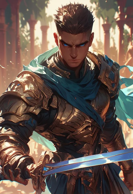 score_9, score_8_up, score_7_up, score_6_up, hkwarrior, inkBlast, A man wearing plate armor and holding a sword, gold red blue, Brown hair, blue eyes