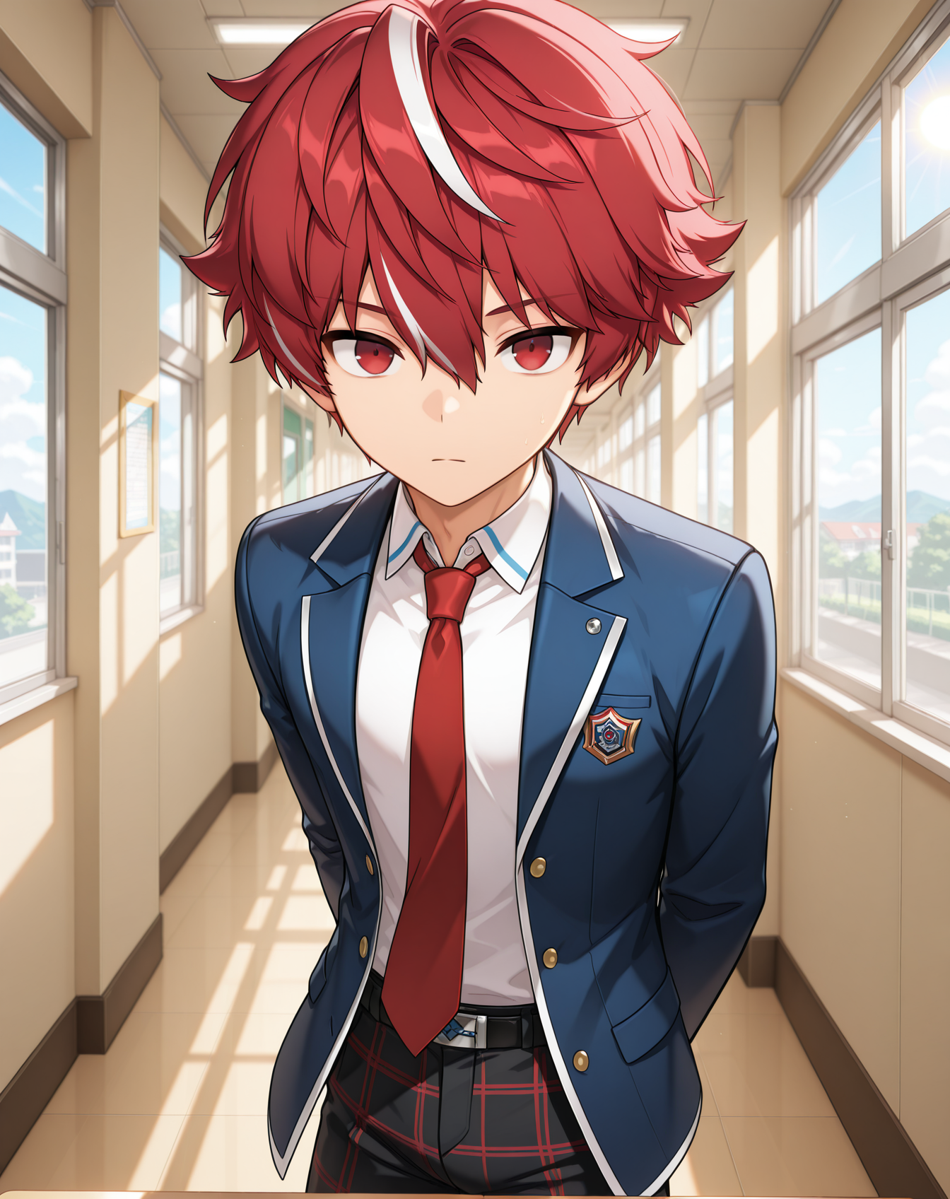 masterpiece,best quality,amazing quality, newest, very aesthetic, absurdres,
1boy, solo, yaoi, male focus, looking at viewer, cowboy shot,
 <lora:Elsword_Sacred_Templar_ilxl:1> elswordst, red hair, red eyes, white hair, streaked hair,
school uniform, white shirt, collared shirt, blue jacket, red necktie, black pants, plaid pants,
indoors, school, hallway, window, day, sun,