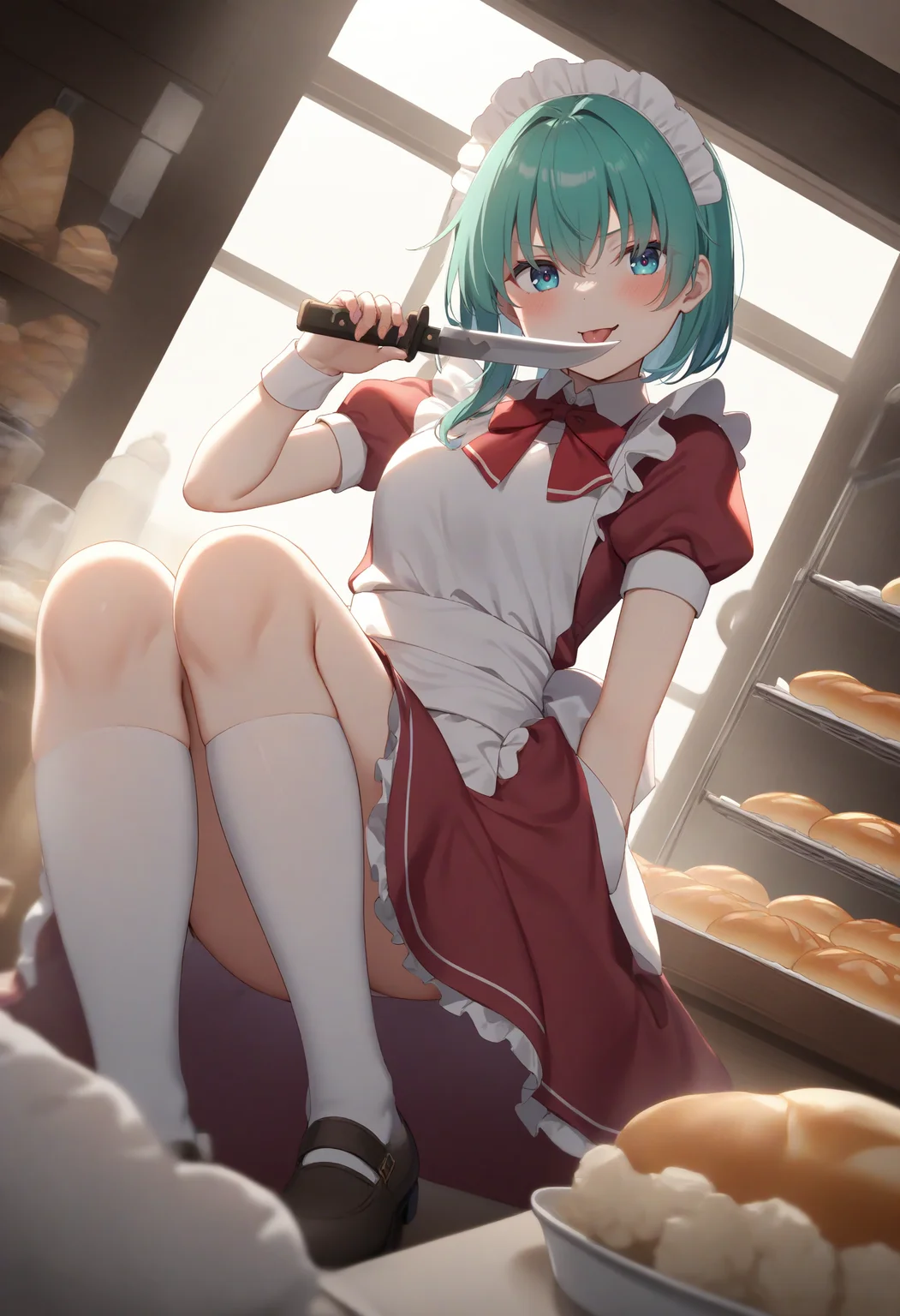 1girl,sincos, ningen mame, toosaka asagi,solo,medium breasts,20yo,maid,maid headdress,
licking knife, <lora:lickingknife_XL_v1:0.8>
tongue out, licking knife, sword, holding weapon, licking weapon,
ceiling, full body, looking away, aqua hair, gray eyes,seductive grin smug, bakery, open mouth, bob cut hair,,
best quality, very aesthetic, absurdres