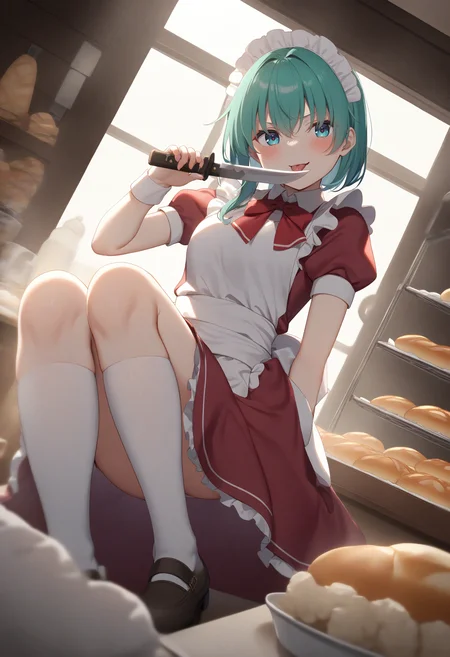 1girl,sincos, ningen mame, toosaka asagi,solo,medium breasts,20yo,maid,maid headdress,
licking knife, <lora:lickingknife_XL_v1:0.8>
tongue out, licking knife, sword, holding weapon, licking weapon,
ceiling, full body, looking away, aqua hair, gray eyes,seductive grin smug, bakery, open mouth, bob cut hair,,
best quality, very aesthetic, absurdres