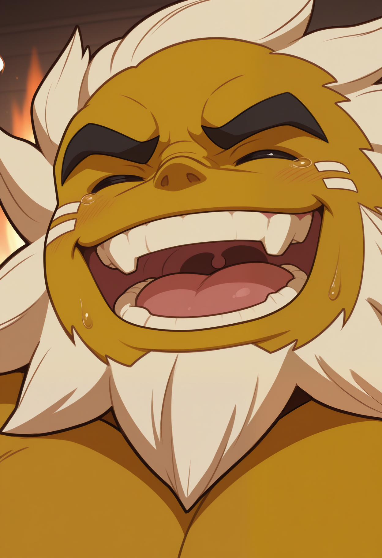 masterpiece,best quality,amazing quality, 1boy, solo, d4run14, goron,close up, laughing,