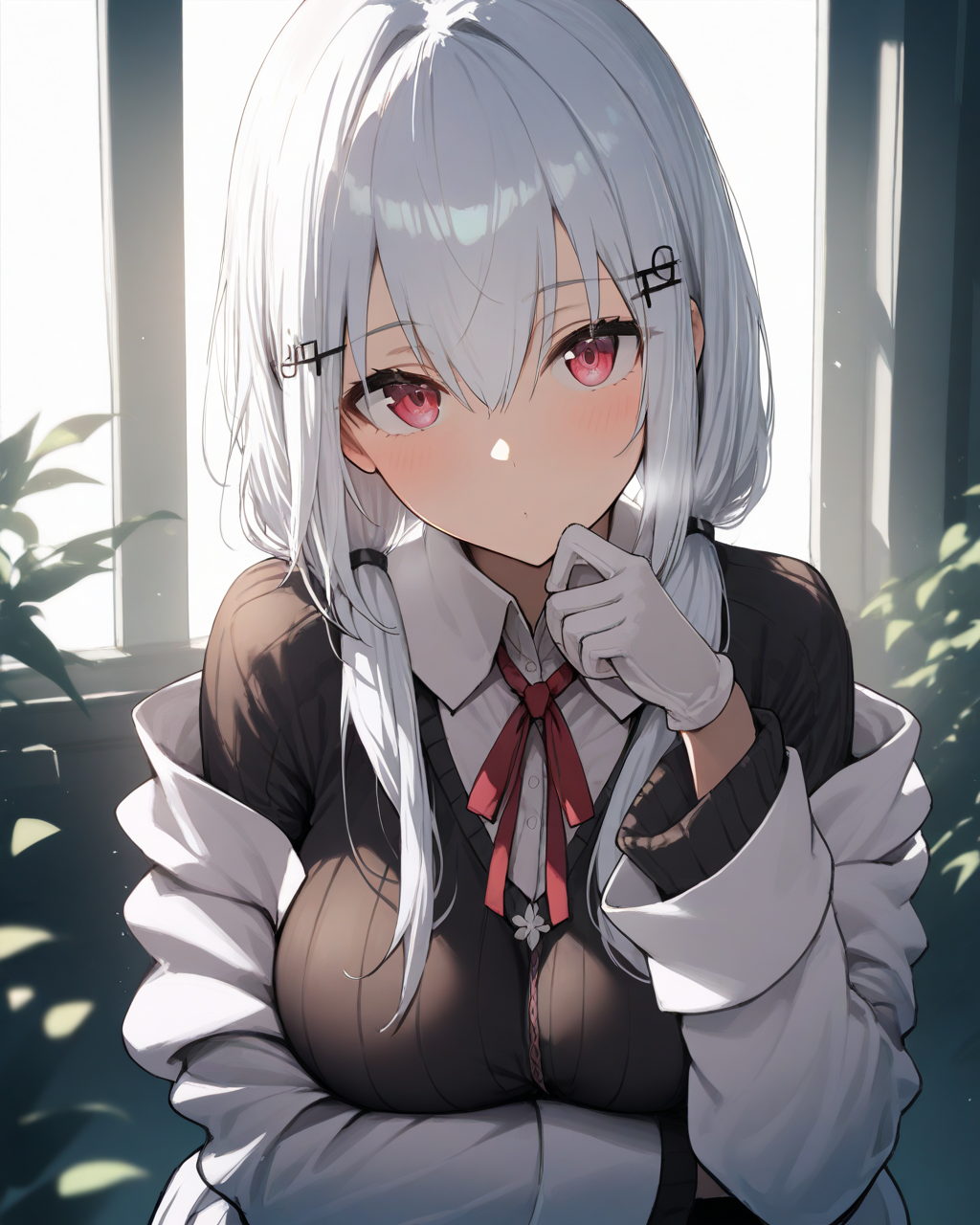 1girl,
HakaseFuyukiNijisanji,
safe, solo, upper body,
hairclip,
beautiful eyes,
looking at viewer,
white jacket, off shoulder,
black sweater, collared shirt,
neck ribbon,
arm under breasts, white gloves,
soft lighting,
depth of field,
<lora:kp_HakaseFuyukiNijisanji1stCostumeAnimagineXL_v1_1:1.0>,
masterpiece, high score, great score, absurdres