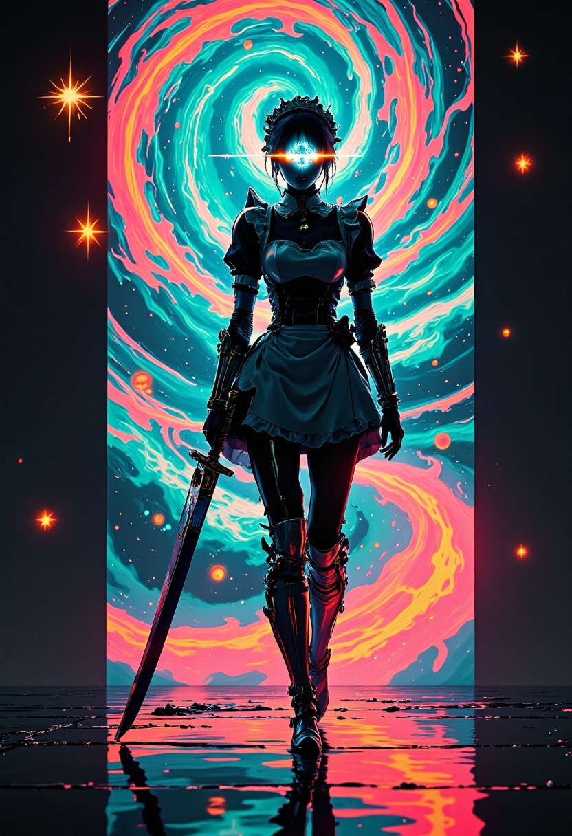 A washed-out, overexposed vision — a lone space-maid gunslinger, clad in a tight, revealing maid armor, corset plates molded to her curves, thigh-high armored stockings gleaming in bleached neon. Her frilled collar and tiny apron flutter weightlessly, soaked in ghostlight. One cyclopean eye glares from beneath her maid headband, glowing like a dying star, casting violent flares — a signal of something broken and unholy. Light-trails smear around her, as if reality itself melts under her gaze.
Behind her, the warped dream of space folds — black holes swirl beyond reason, dragging the background into chromatic chaos. The filmstrip shivers, riddled with ghostly glitches and spectral burns, as if her presence fractures every frame. Her body flickers between searing white silhouettes and shadow-soaked inversions, like she's both memory and myth, burned into the void forever.
She drags a massive, oversized sword, almost comical in scale, trailing sparks and fragments of lost timelines with every step. Each motion, glitching — pixel-sliced and dream-warped — as if the universe can't bear to look at her for too long.