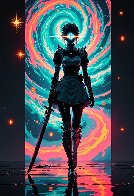 A washed-out, overexposed vision — a lone space-maid gunslinger, clad in a tight, revealing maid armor, corset plates molded to her curves, thigh-high armored stockings gleaming in bleached neon. Her frilled collar and tiny apron flutter weightlessly, soaked in ghostlight. One cyclopean eye glares from beneath her maid headband, glowing like a dying star, casting violent flares — a signal of something broken and unholy. Light-trails smear around her, as if reality itself melts under her gaze.
Behind her, the warped dream of space folds — black holes swirl beyond reason, dragging the background into chromatic chaos. The filmstrip shivers, riddled with ghostly glitches and spectral burns, as if her presence fractures every frame. Her body flickers between searing white silhouettes and shadow-soaked inversions, like she's both memory and myth, burned into the void forever.
She drags a massive, oversized sword, almost comical in scale, trailing sparks and fragments of lost timelines with every step. Each motion, glitching — pixel-sliced and dream-warped — as if the universe can't bear to look at her for too long.