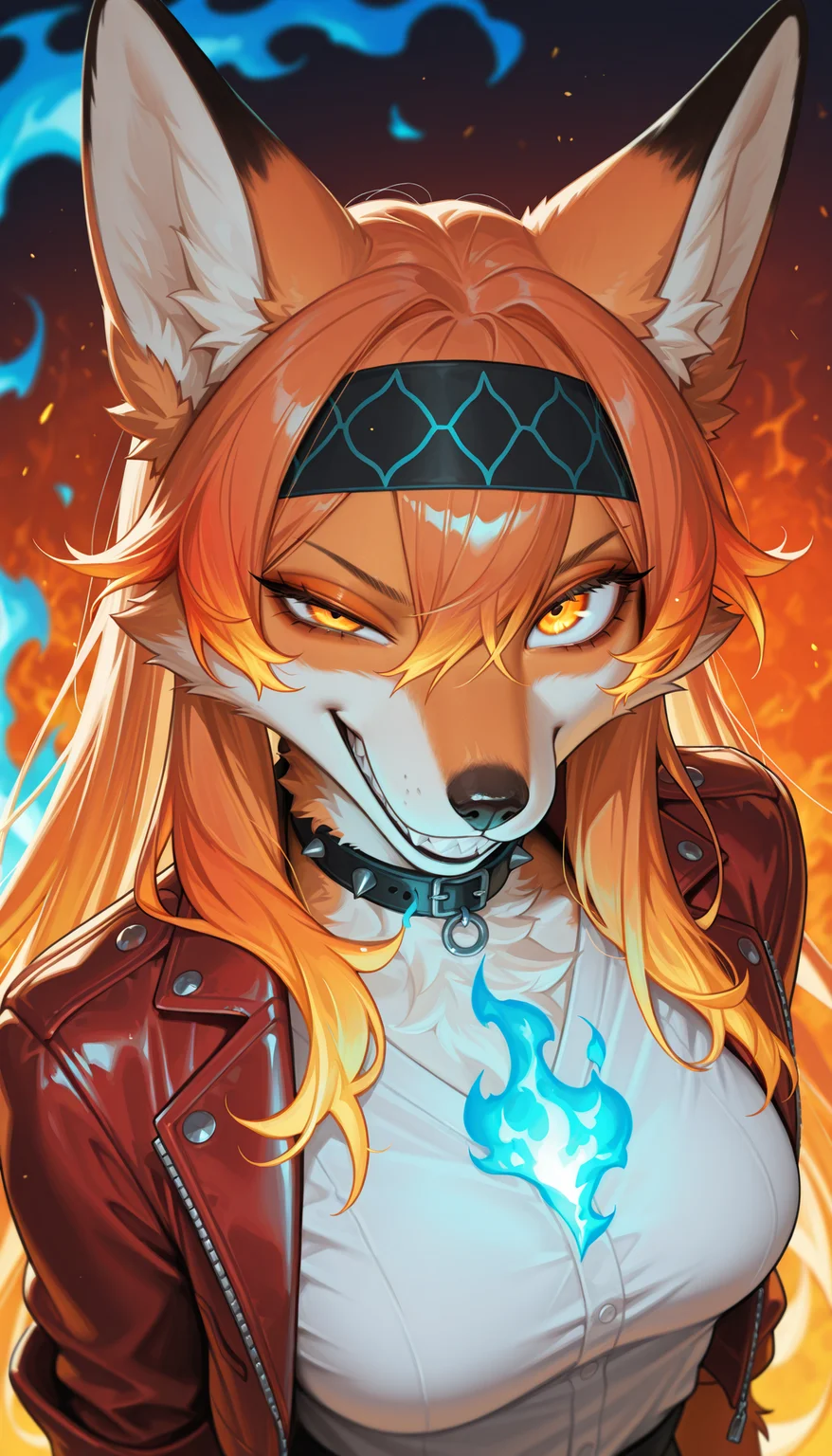 masterpiece, best quality, amazing quality, very aesthetic, 4k, high resolution, ultra-detailed, absurdres, newest, scenery, 1girl, furry, anthro, dark ambient, glow, anthro furry female orange fox, phoenix fox girl, orange fur, long hair, gradient hair, orange flame hair AND (blue flame hair:1.2), hair between eyes, glowing gradient orange yellow eyes, large eyes, uneven eyes, enface portrait, small, medium breasts, looking at viewer, upturned eyes, intimidating, smirk, smug, grin, crazy smile, sharp teeth, black headband with fire pattern, black collar with white spikes, leather flaming hot red jacket over white shirt, cinematic lighting, fluffy, portrait, dutch angle, from above, (detailed multicolor fire forest background, fiery background:1.2), (blue fire:1.2) AND red fire, BREAK, detailed eyes, photorealistic details, depth of field, detailed fluffy fur, volumetric lighting