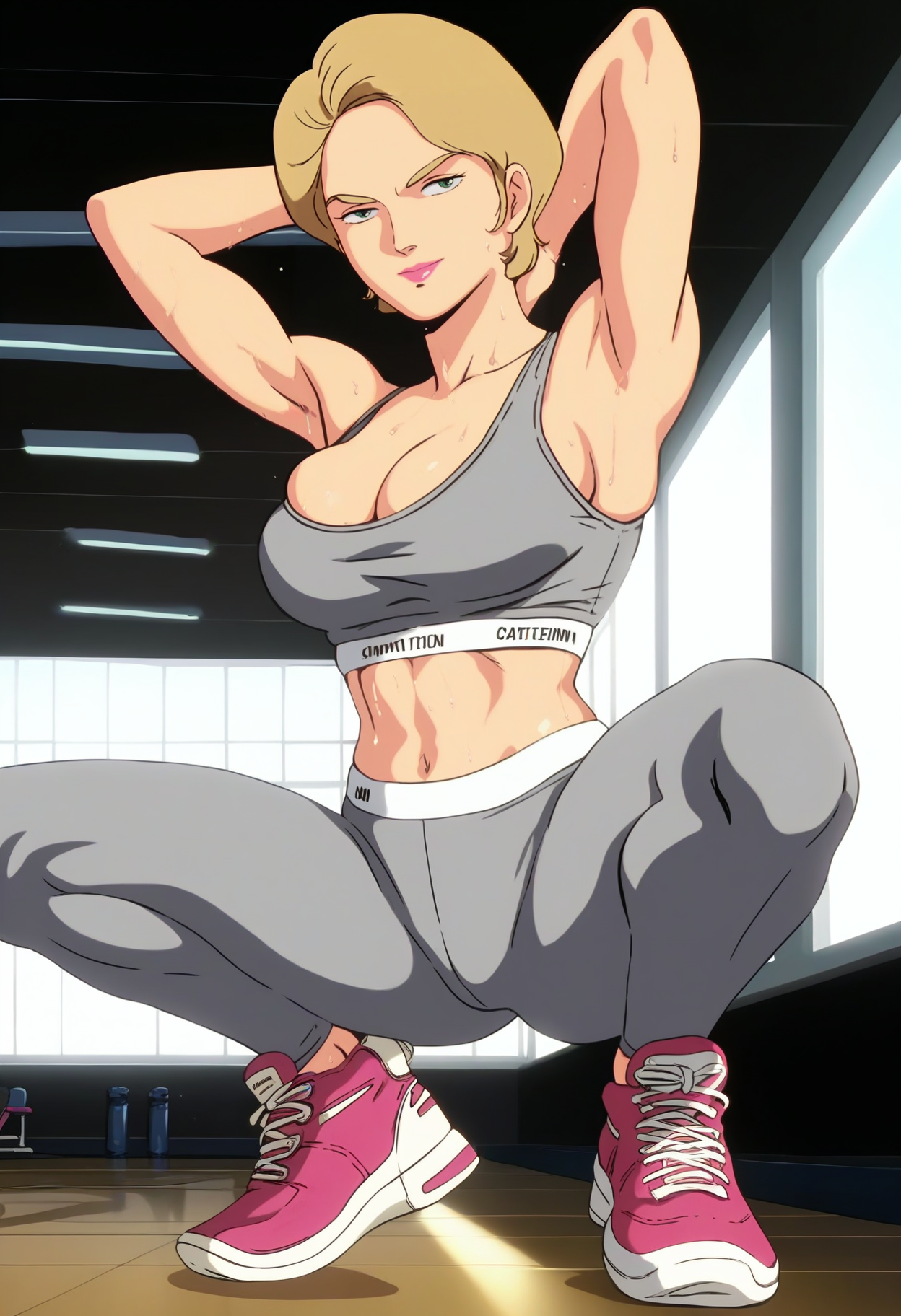 score_9, score_8_up, score_7_up, score_6_up, source_anime, anime screencap, anime coloring, <lora:LilaMillaRira_epoch_9:0.8>, LilaMillaRira, short hair, blonde hair, green eyes, lipstick, pink lips, large breasts, 
<lora:CalvinKleinSF:0.6>, CalvinKleinSF, calvin klein, sports bra, navel, cleavage, midriff, wedgie, grey bra, grey leggings, leggings, sweat, skindentation, pink footwear, sneakers, toned,
looking at viewer, smile, squatting, arms behind head, 
BREAK indoors, gym, window, sunlight, blue sky,