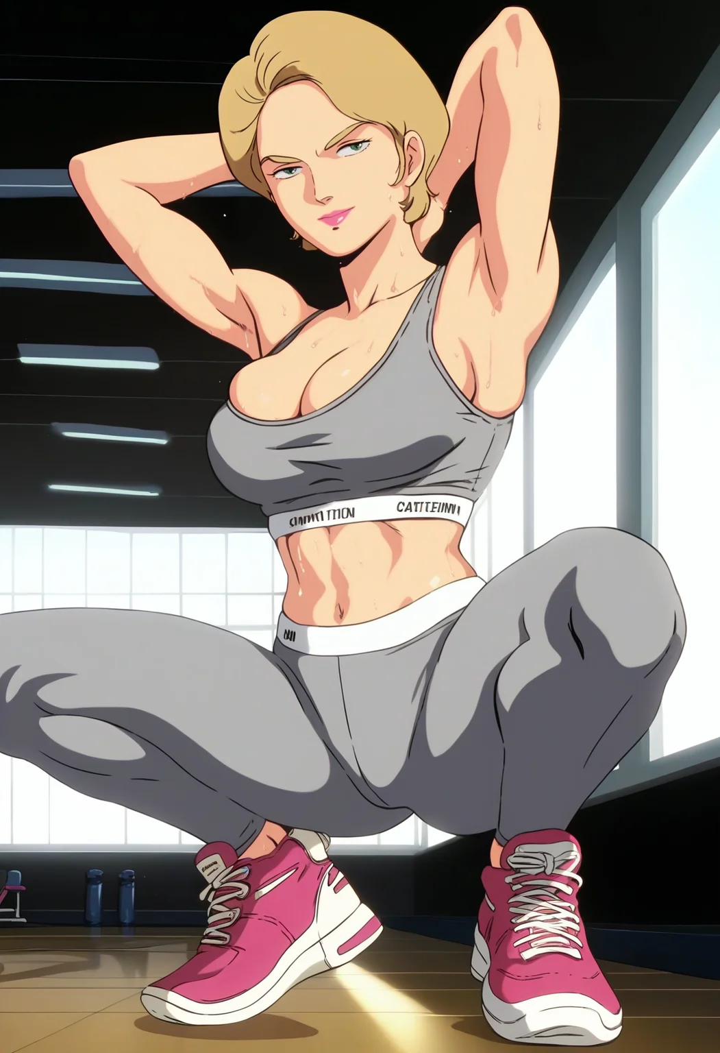 score_9, score_8_up, score_7_up, score_6_up, source_anime, anime screencap, anime coloring, <lora:LilaMillaRira_epoch_9:0.8>, LilaMillaRira, short hair, blonde hair, green eyes, lipstick, pink lips, large breasts,
<lora:CalvinKleinSF:0.6>, CalvinKleinSF, calvin klein, sports bra, navel, cleavage, midriff, wedgie, grey bra, grey leggings, leggings, sweat, skindentation, pink footwear, sneakers, toned,
looking at viewer, smile, squatting, arms behind head,
BREAK indoors, gym, window, sunlight, blue sky,