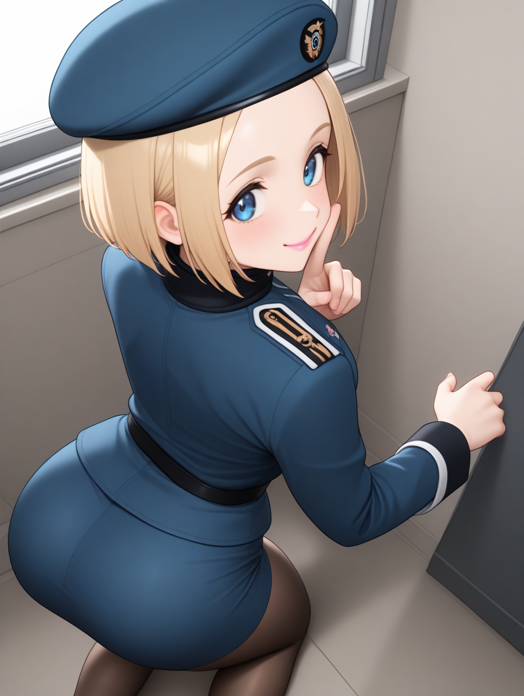 perfect quality,best quality,absolutely eye-catching,ambient occlusion,raytracing BREAK
1girl,<lora:marietta IL v2.1:0.8>,marietta,dark blonde hair,short hair,forehead,blue beret,blue military uniform,blue eyes,pencil skirt,pantyhose,long sleeves,tareme,white line,pink lips,smile,indoors,spacecraft,, from behind, looking at viewer,macro_shot,standing,fingersmile,locked_arms,all_fours,