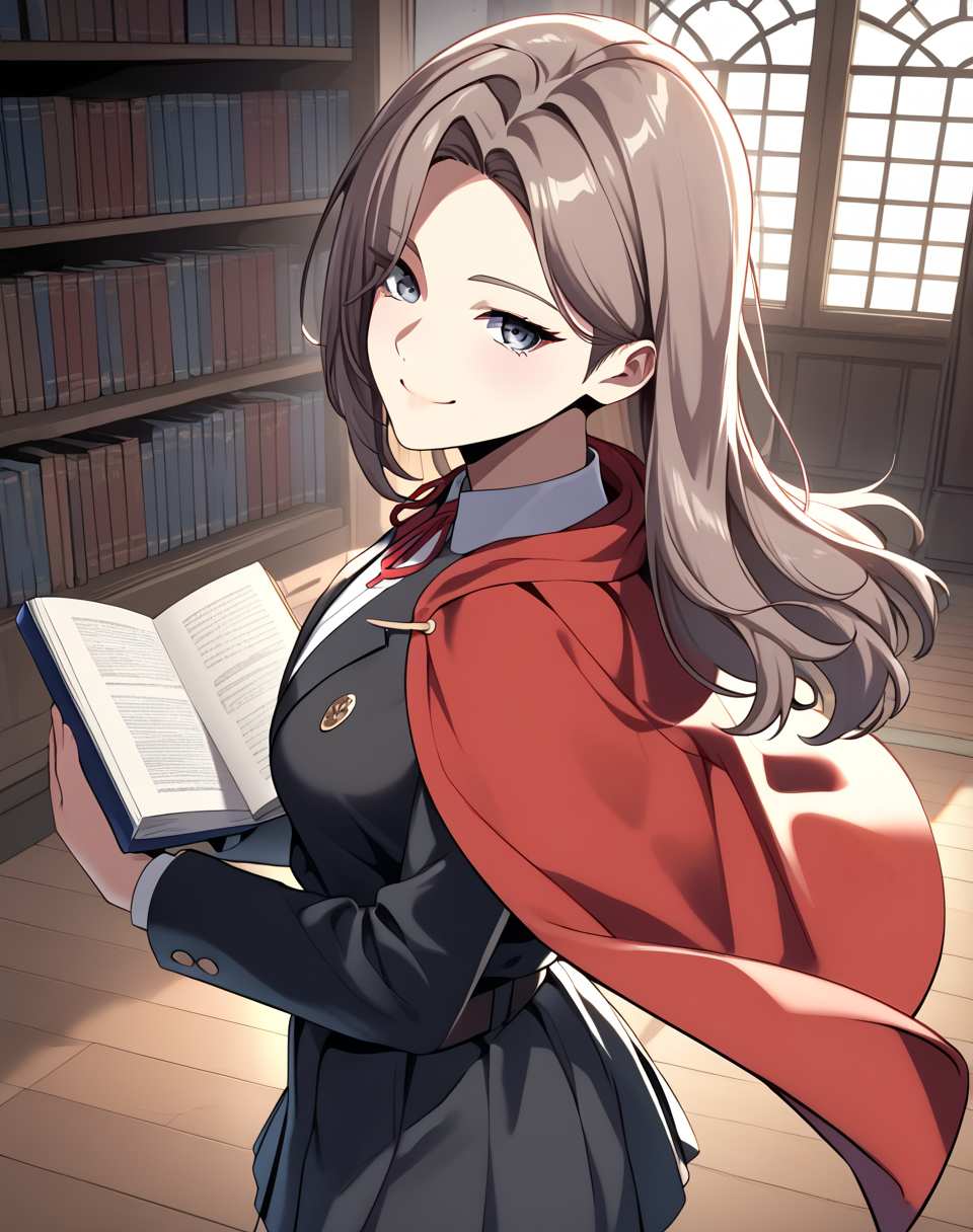 annis_halelan, light brown hair, long hair, grey eyes, 1girl, medium breasts, academy school uniform,black jacket, white shirt, red capelet, red neck ribbon, belt, black skirt, pleated skirt, BREAK indoors, library, medieval BREAK side view, from side, side glance, from above, looking at viewer, tucking hair, holding book, closed book, seductive smile
BREAK, solo, score_9, score_8_up, score_7_up, source_anime ,zPDXL,    <lora:Annis_Halelan_Pony:0.8>