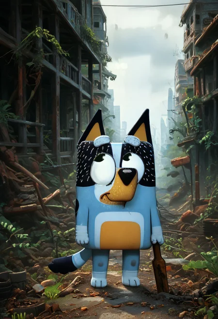 score_9, score_8_up, score_7_up, volumetric lighting, masterpiece, best quality, absurdres, newest, perfect quality, best quality, absolutely eye-catching, detailed, intricate details, ultra-detailed, source_anime, ruanyi0723,post-apocalypse,overgrown,moss, ((1boy, solo, bluey style, blueyxl, boxchibi, bandit heeler, cartoon, dog, furry, ((narrowed eyes, white sclera, empty eyes, black eyes, half shut eyes)), blue skin, blue fur, thick eyebrows, dog tail, dog ears, black nose, holding a rifle with both hands, walking on two legs, wandering on the road)), ((cautious, anger, furious, scared expression)), watching out for monsters, BREAK, realistic background, 2d character, outdoor, post-apocalypse, destroyed buildings, overcast, cloudy, realistic, overgrown post apocalyptic street, broken cars, dilapidated houses, houses covered in moss, road is damaged, A decayed ruined abandoned city full of decrepit concrete structures hollowed out by the ravages of time slowly being enveloped and overgrown by verdant foilage with grass, vines and trees cracking the remains of pavement and growing through gaps in the masonry, post apocalyptic, depth of field, BanditPXL, (((googly eyes))),