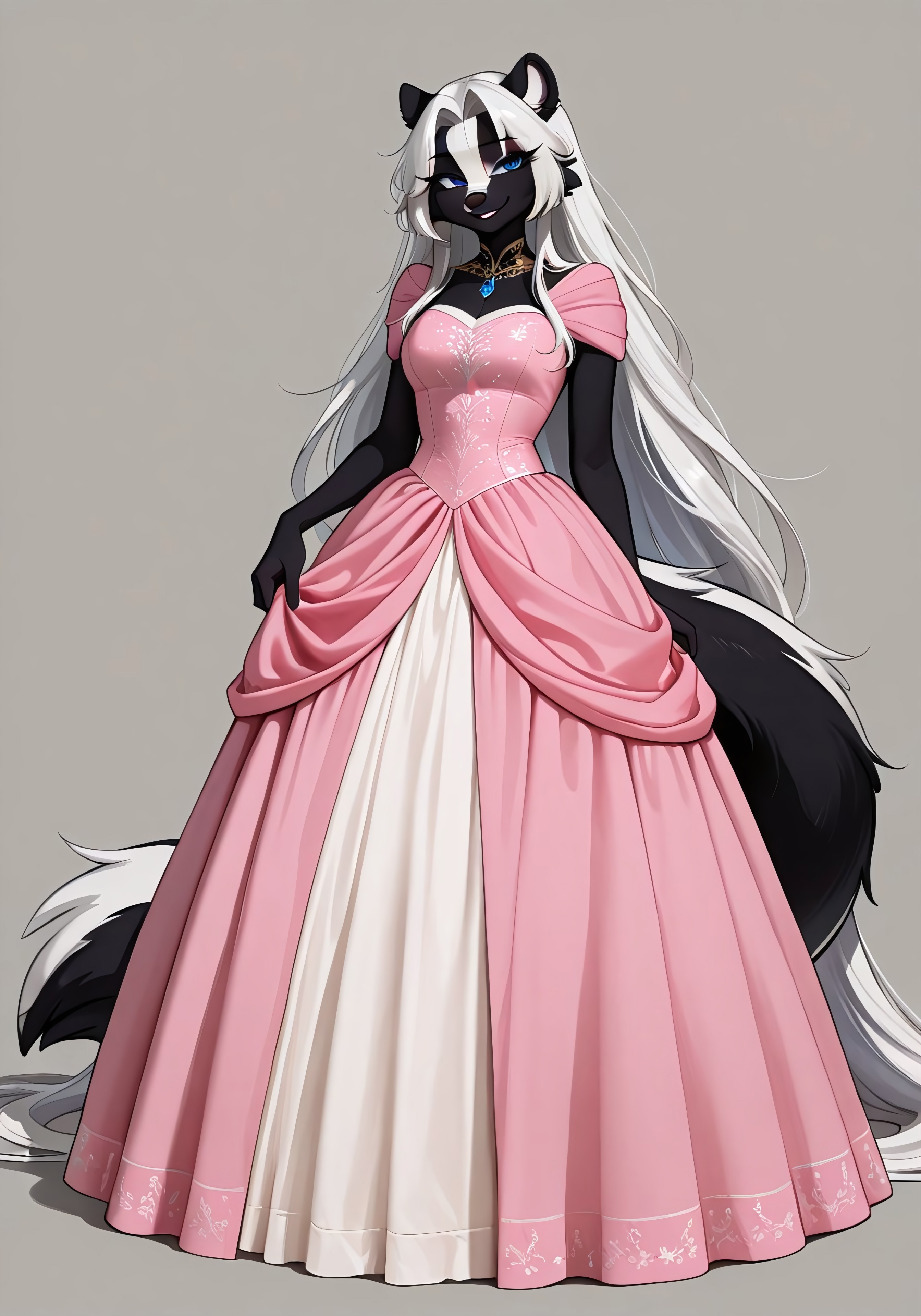 masterpiece, best quality, very aesthetic, absurdres,
Simple background, gray background,
Pink ballgown, a woman in a dress posing for a picture, wearing a ballgown,
full body, standing, posing, 
seductive smile, parted lips, long eyelashes,
 <lora:Amberr_v02_NAIXL:1>, <lora:hair_length_ILXL_v1:8>, <lora:edgBallgownPonyv1:1>, <lora:parted_intakes:1>,
Amberr, 1girl, solo, furry, furry female, skunk girl, white hair, skunk ears, absurdly long hair, parted bangs, hair intakes, blue eyes, snout, animal nose, body fur, black fur, white fur, two tone fur, skunk tail,