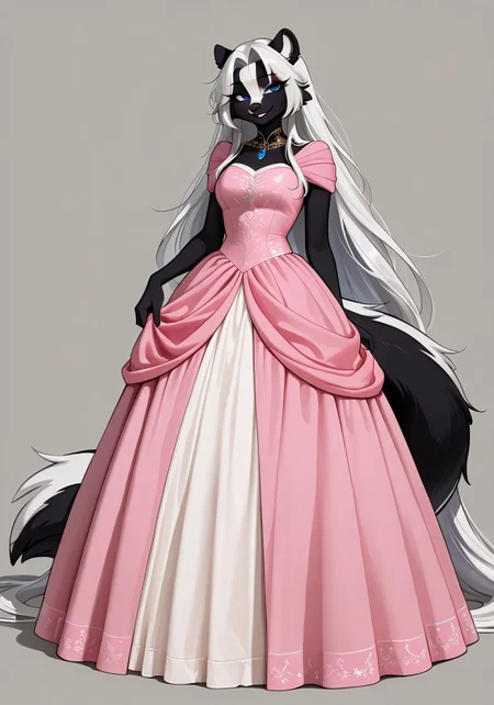 masterpiece, best quality, very aesthetic, absurdres,
Simple background, gray background,
Pink ballgown, a woman in a dress posing for a picture, wearing a ballgown,
full body, standing, posing,
seductive smile, parted lips, long eyelashes,
<lora:Amberr_v02_NAIXL:1>, <lora:hair_length_ILXL_v1:8>, <lora:edgBallgownPonyv1:1>, <lora:parted_intakes:1>,
Amberr, 1girl, solo, furry, furry female, skunk girl, white hair, skunk ears, absurdly long hair, parted bangs, hair intakes, blue eyes, snout, animal nose, body fur, black fur, white fur, two tone fur, skunk tail,