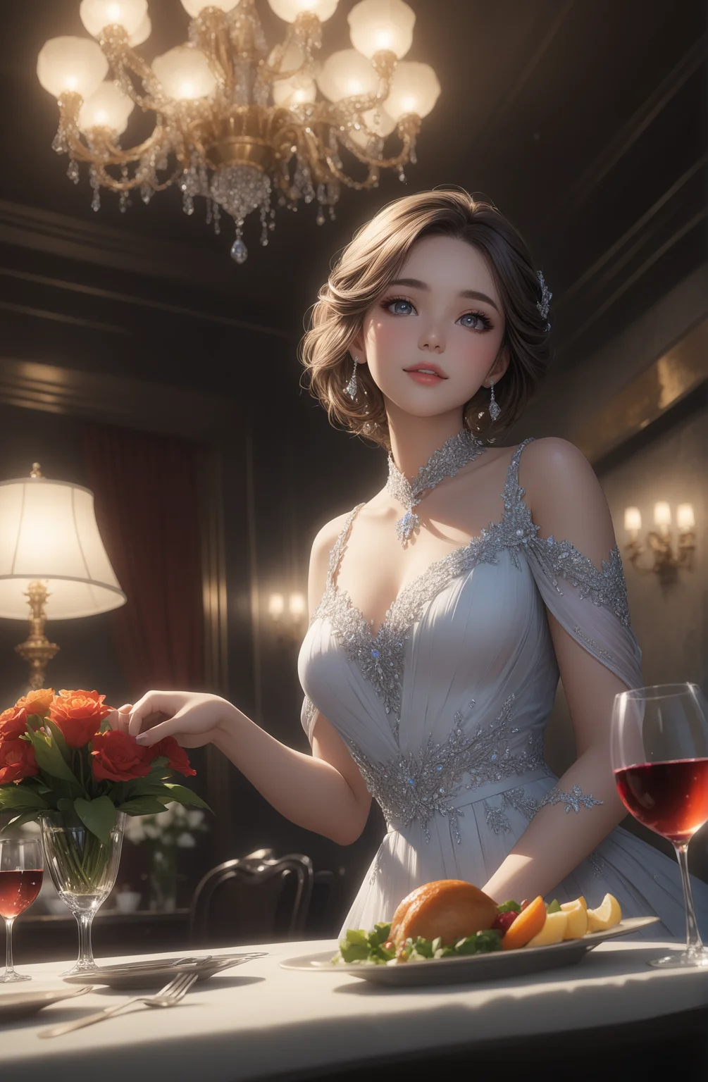 1woman,sits in an upscale restaurant enjoying her meal,Dining is the happiest thing for her,The table is laden with a variety of luxurious dishes and wine. She is brimming with joy,eagerly preparing to savor the feast,The happiness on her face is already hard to conceal,(from_below:1.3),full_shot,cinematic_angle,(dynamic_angle:1.3),
She is dressed in a pleated dress,which outlines her graceful figure. Her slender arms and snow-white long legs are full of allure,
(anime:1.3),masterpiece,best quality,Highly detailed,Professional,absurdres,extreme detail description,highres,realistic,photorealistic,perfect anatomy,wallpaper,Cinematic Lighting,cinematic bloom,available light,atmospheric lighting,moody lighting,
,,,<lora:add-detail-xl:2>,<lora:ç»èè°æ´-ç¾å¦aesthetic_anime_v1s:1.2>,<lora:ä¿®å¤-ç¼DetailedEyes_V3:1.5>
