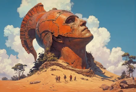 half color dot, Comic book style, this is a cover portrait showing a bust of a gigantic Spartan statue sticking out of the desert grounds Spartan helmet on its head, The statue is made of orange stone, sand whipping all around it, The statue is extremely old and weathered, (no facial features:1.4), no face, The helmet hides what is left of the featureless face, The statue is laying diagonally out of the sand, tiny people walk in the sand past it, vibrant colors and deep shadows, The helmet cast deep shadows across the face as vines of desert plants grow across the statue