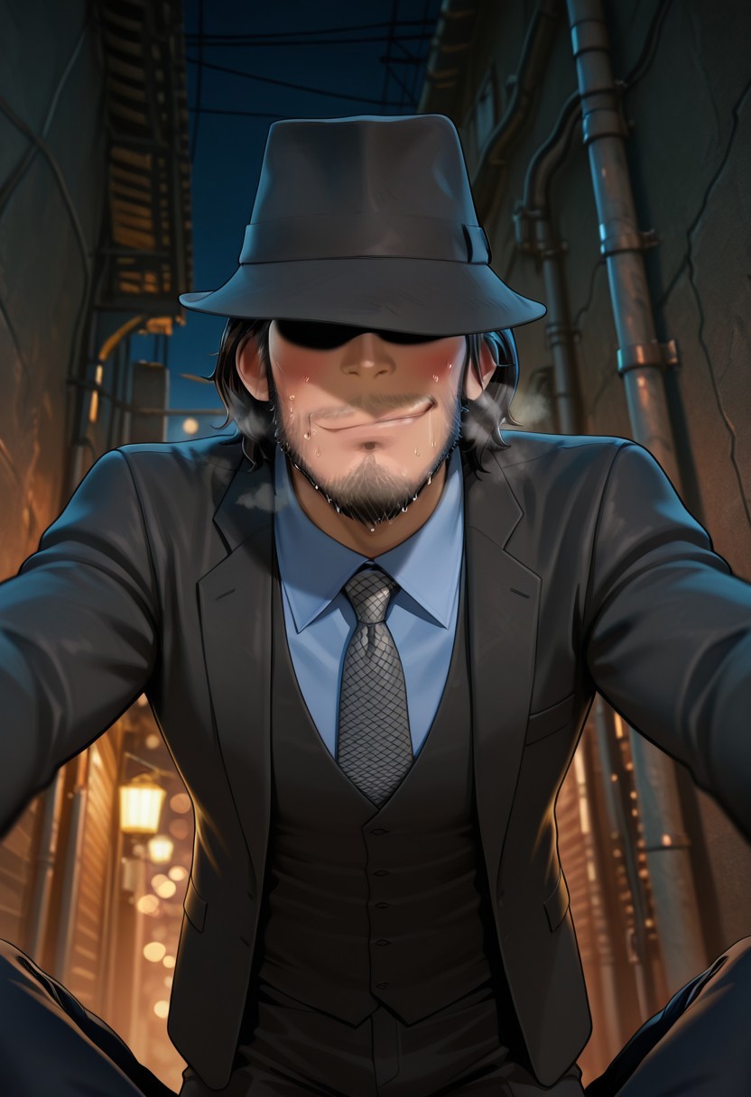 safe_pos, safe_pos, safe_pos, score_9, score_8_up, score_7_up, score_6_up, perfect anatomy, perfect proportions, best quality, masterpiece, high_resolution, high quality, best aesthetic, absurdres, highres, extremely detailed, huge filesize, solo male, adult, mature, masculine, manly, handsome, charming, alluring, standing, upper body, dutch angle, cowboy shot, perfect face, perfect eyes, source_anime, anime coloring, Daisuke Jigeni \(Lupin III: The First\), black hair, sideburns, facial hair, stubble, chinstrap beard, jawline beard, eyeless, hidden eyes, eyes in shadow, LP3TFDaisuke_outfit01, black fedora, black three-piece suit, light blue collared shirt, necktie with a white dotted pattern, black vest, black blazer, black pants, black shoes, outdoor, alley, night, dark, sexy, on top of viewer focus, legs apart, leaning forward, nervous, blurred background, expressive face, looking down at viewer, bend over, from below, dynamic angle, foreshortening, pov, intricately detailed illustration, atmospheric perspective, depth of field, newest, seductive_pose, bedroom eyes, low angle, exciting, heavy breathing, bashful, blushing, steamy, kinky, movie still, vibrant, vivid, stardom, glamorous, extraordinary achievement, award-winning, expressionist, cinematic still, emotional, harmonious, vignette, bokeh, cinemascope, moody, epic, gorgeous