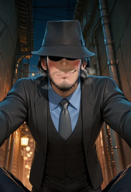 safe_pos, safe_pos, safe_pos, score_9, score_8_up, score_7_up, score_6_up, perfect anatomy, perfect proportions, best quality, masterpiece, high_resolution, high quality, best aesthetic, absurdres, highres, extremely detailed, huge filesize, solo male, adult, mature, masculine, manly, handsome, charming, alluring, standing, upper body, dutch angle, cowboy shot, perfect face, perfect eyes, source_anime, anime coloring, Daisuke Jigeni \(Lupin III: The First\), black hair, sideburns, facial hair, stubble, chinstrap beard, jawline beard, eyeless, hidden eyes, eyes in shadow, LP3TFDaisuke_outfit01, black fedora, black three-piece suit, light blue collared shirt, necktie with a white dotted pattern, black vest, black blazer, black pants, black shoes, outdoor, alley, night, dark, sexy, on top of viewer focus, legs apart, leaning forward, nervous, blurred background, expressive face, looking down at viewer, bend over, from below, dynamic angle, foreshortening, pov, intricately detailed illustration, atmospheric perspective, depth of field, newest, seductive_pose, bedroom eyes, low angle, exciting, heavy breathing, bashful, blushing, steamy, kinky, movie still, vibrant, vivid, stardom, glamorous, extraordinary achievement, award-winning, expressionist, cinematic still, emotional, harmonious, vignette, bokeh, cinemascope, moody, epic, gorgeous