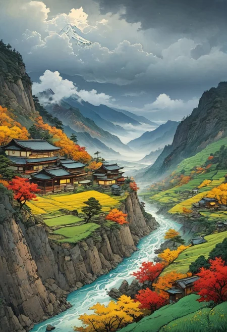 (fantasy landscape:1.2),(surreal landscape:1), Himalayan valley with terraced farms, Squall line with shelf cloud, Stratocumulus undulatus like sand dunes, Stormy greenish pre-tornado light, Fall foliage color explosions, Playas with mud cracks, Underground city lit by fossilized light, Airships from stained glass shards, Fog that ages objects centuries, Utagawa Hiroshige: (ukiyo-e woodblock prints), (flat perspectives), (seasonal motifs), (vivid nature palettes), f/2.8, shutter speed 1/2000 sec, iso25600, white balance cloudy, exposure compensation "-0.5 ev", aperture priority shooting mode, framing, focus mode continuous, spot metering, (masterpiece:1.4), (intricate details:1.4), (hyperrealistic:1.3),(painting:0.9),(ultra detailed:1.4), (8k resolution:1.3), (sharp focus), (dramatic perspective:1.1), (chromatic aberration:0.3),