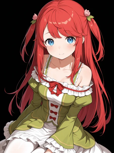 theresi4, red hair, blue eyes, long hair, two side up, hair flowers, hair ornament,
theresi4dress, green dress, off shoulder dress, bare shoulders, hair flower, frills, frilled sleeves, red bows, white pantyhose, white skirt, long skirt, juliet sleeves,
upper body, looking at viewer, light smile, blush, <lora:Theresia van Astrea Illu:1>, masterpiece, best quality, amazing quality,, (simple background, black background:1.5),