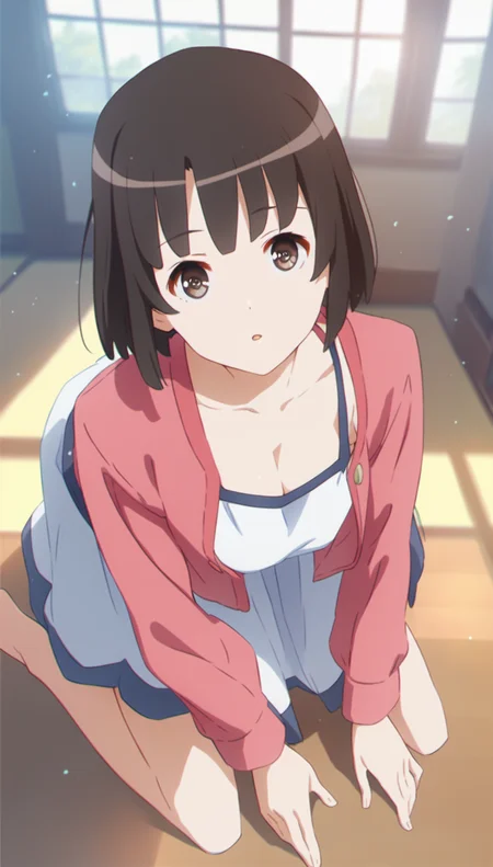 score_9,score_8_up,score_7_up,
<lora:megumikato>,
katomegumi,
1girl,solo,black hair,bangs,short hair,brown eyes,looking at viewer,parted lips,pink overshirt,white slip dress,barefoot,full body,from above,on stomach,
blurry background,bloom,bloom,light particles,lens flare,indoors,living room,window,
